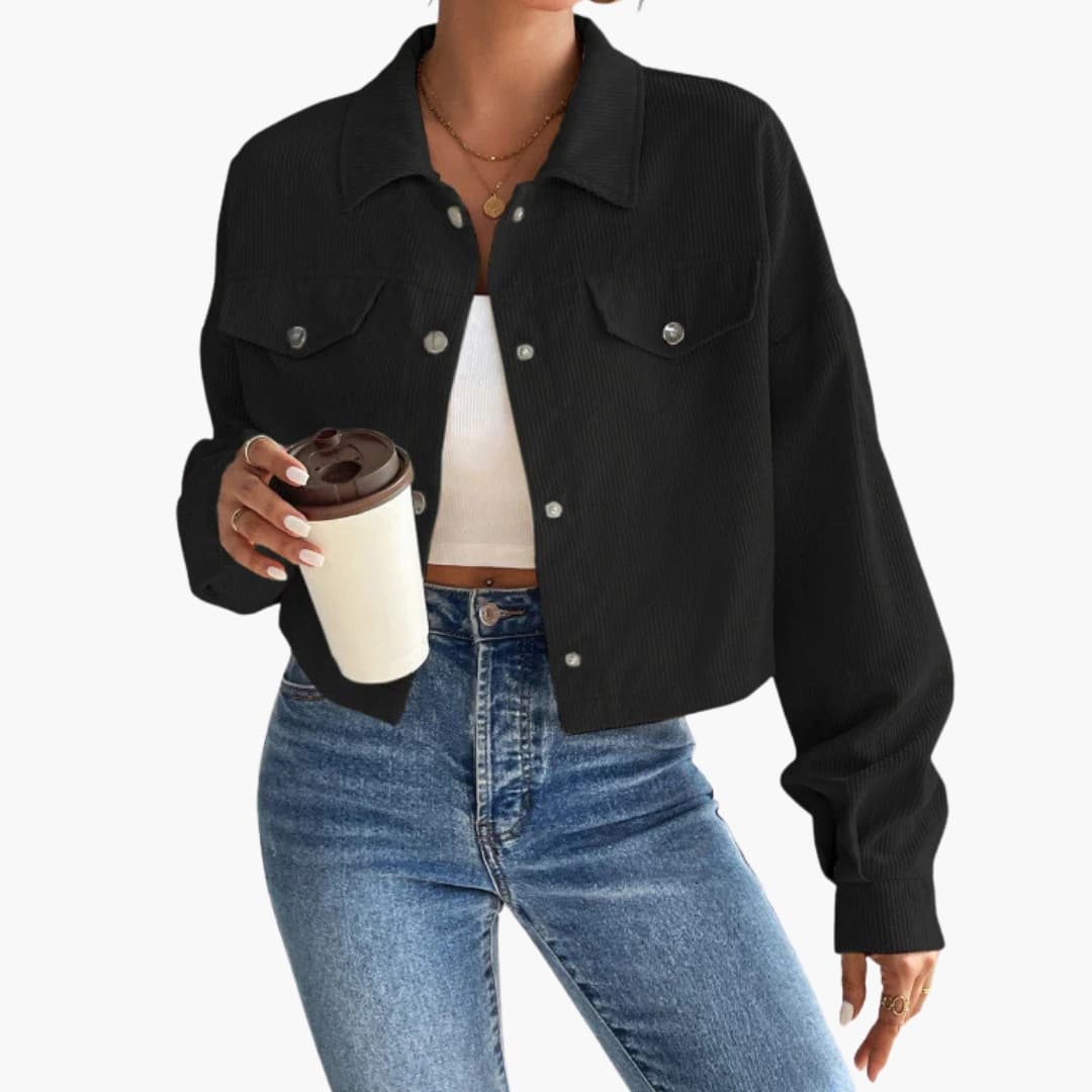Women's ribbed short jacket button closure fitted silhouette thick structured outerwear