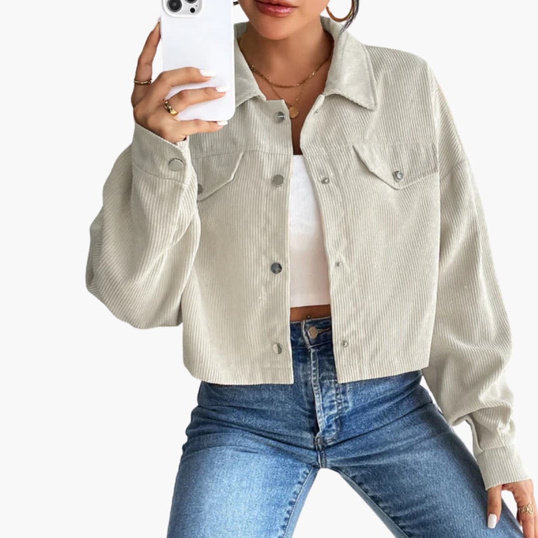 Women's ribbed short jacket button closure fitted silhouette thick structured outerwear