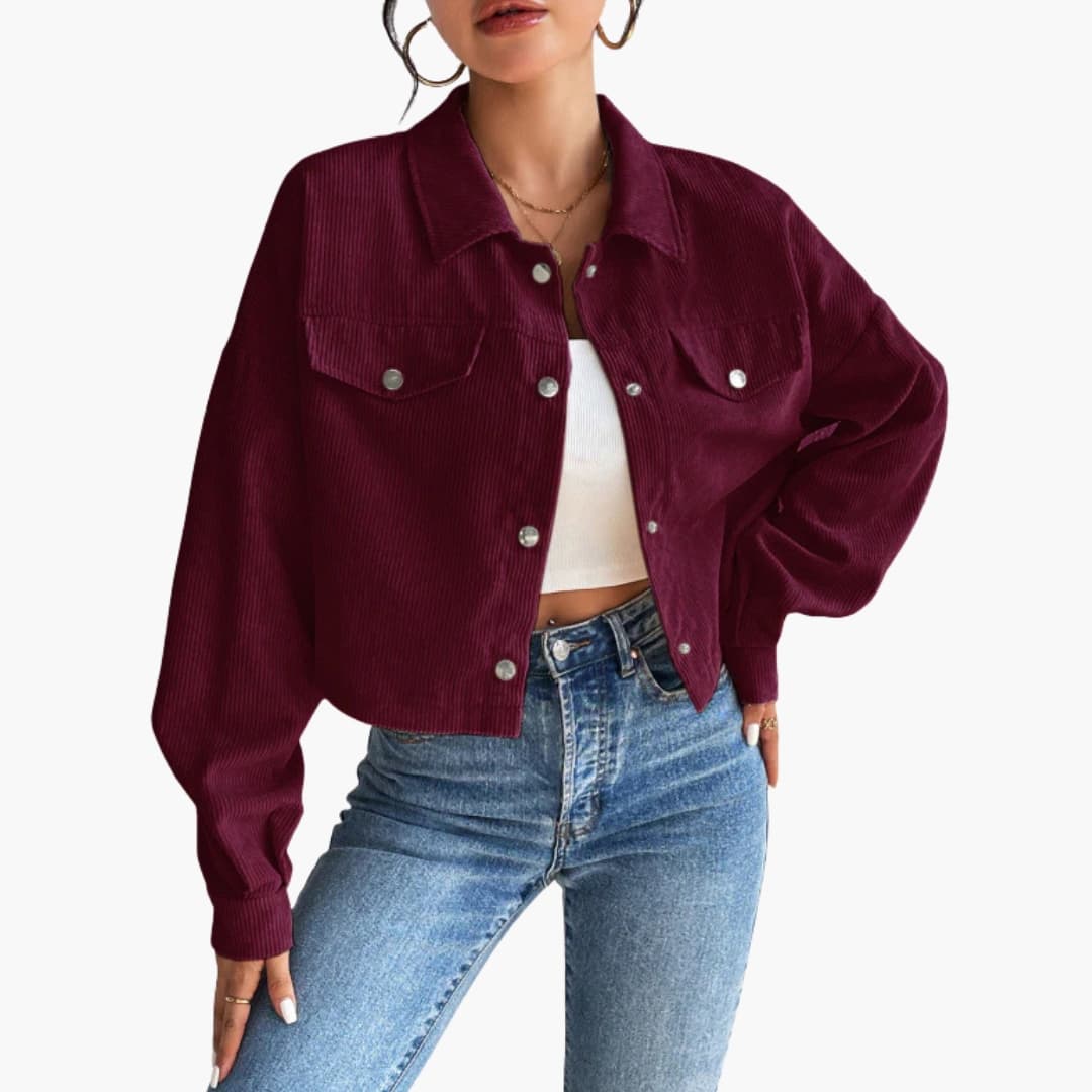 Women's ribbed short jacket button closure fitted silhouette thick structured fabric outerwear