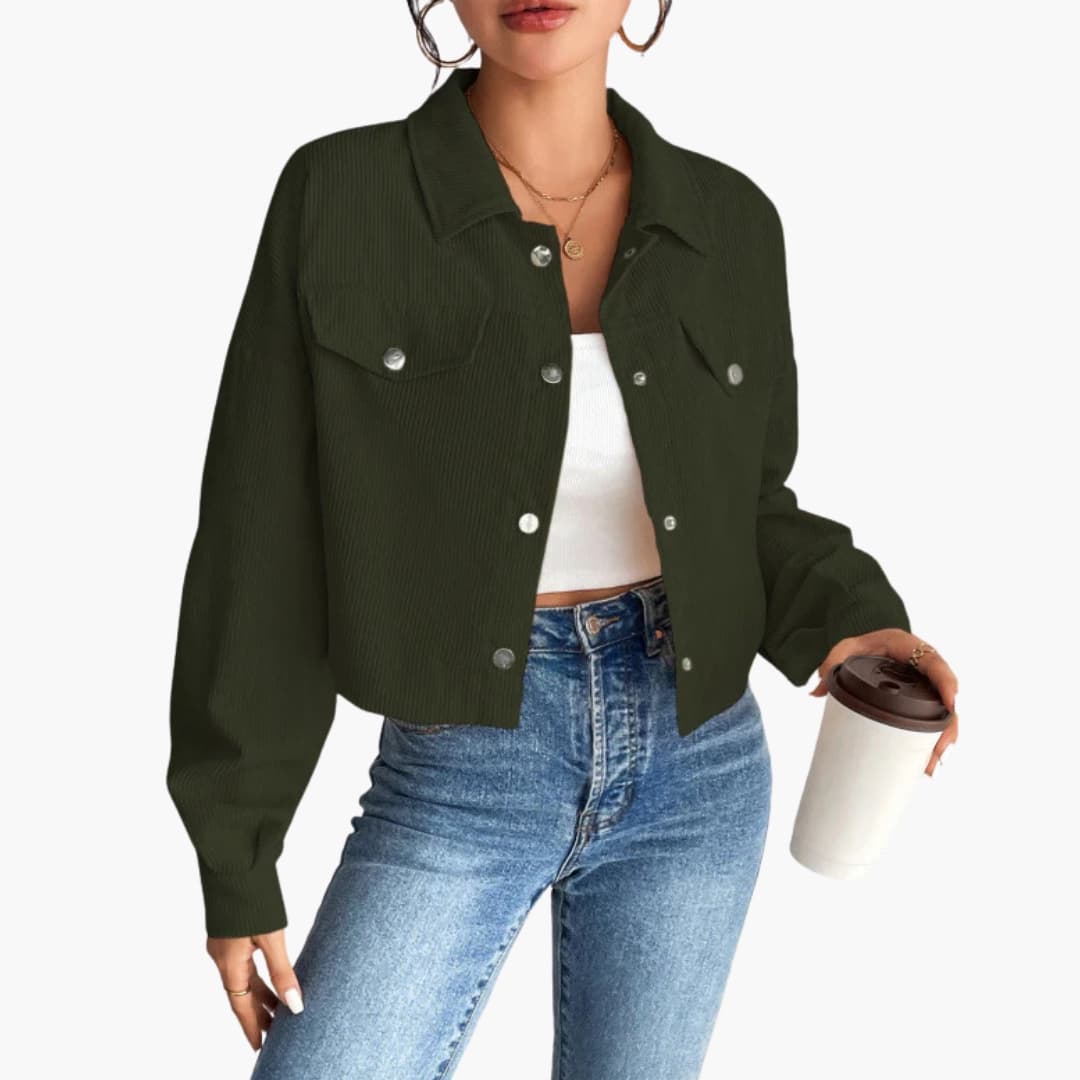 Women's ribbed short jacket button closure fitted silhouette thick structured outerwear