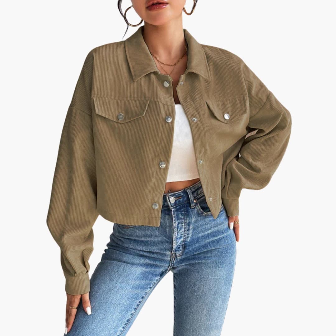 Women's ribbed short jacket button closure fitted silhouette thick structured outerwear