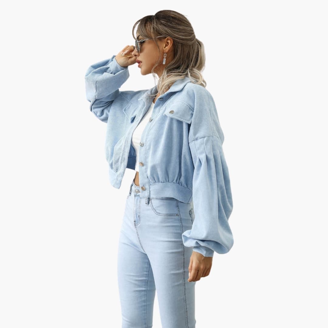 Women's ribbed short jacket puff sleeves retro structured thick fabric button closure