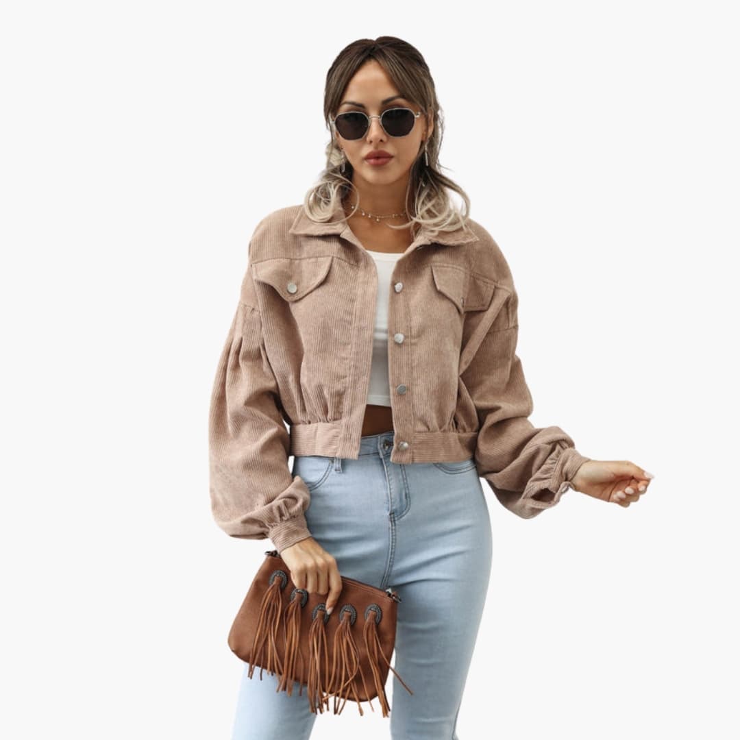 Women's ribbed short jacket puff sleeves retro structured thick fabric button closure