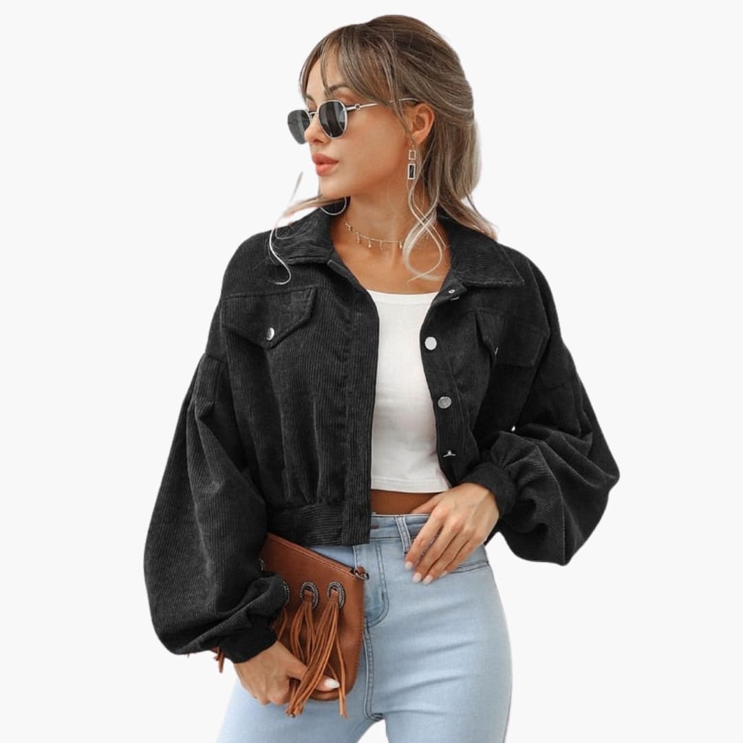 Women's ribbed short jacket puff sleeves retro structured thick fabric button front closure
