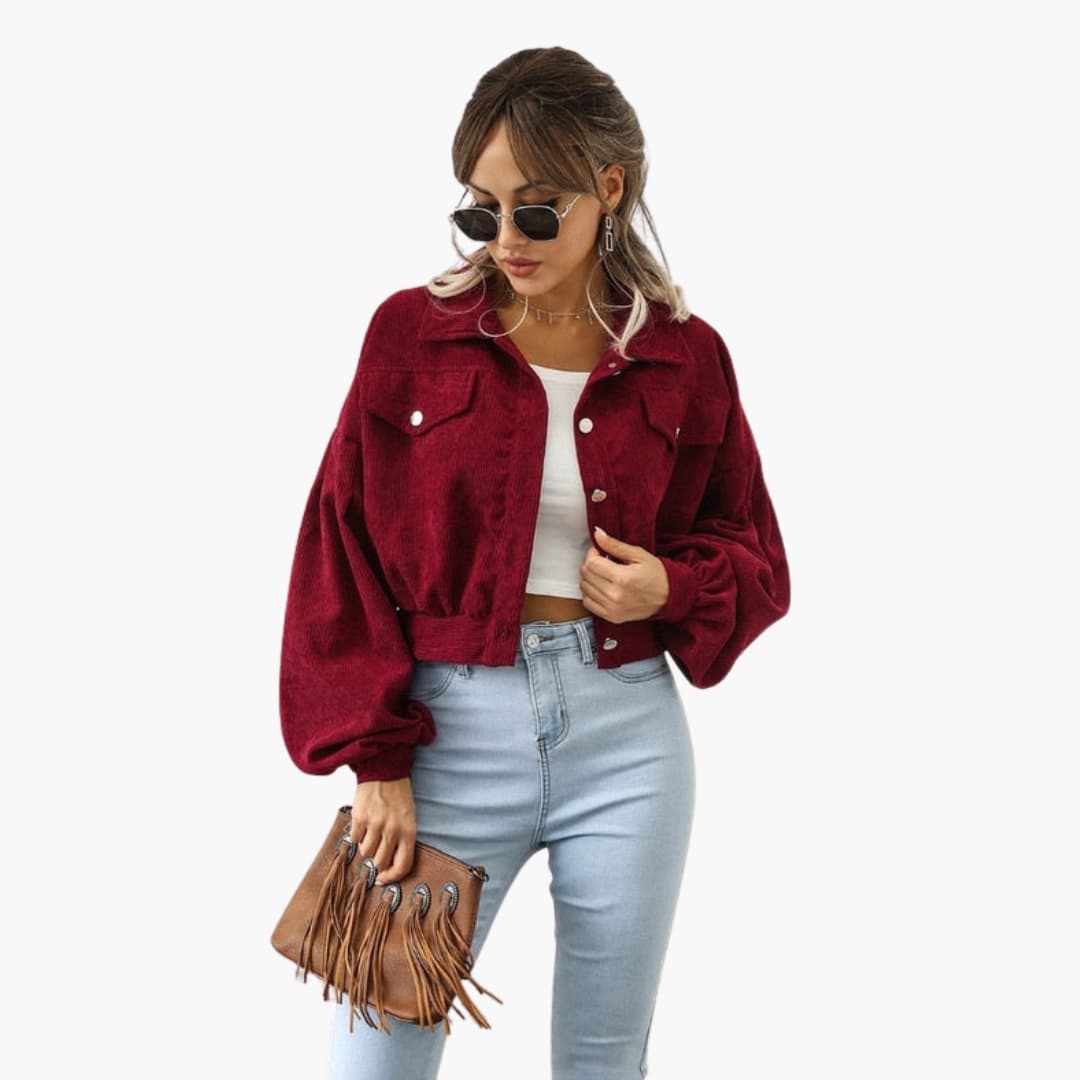 Women's ribbed short jacket puff sleeves retro structured thick fabric button front closure