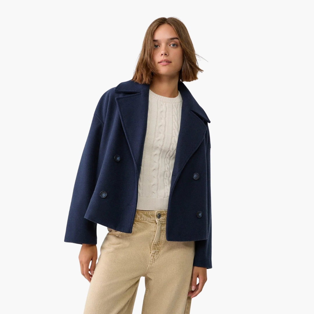 Women's short jacket notched collar two-button closure sleek everyday layering versatile style