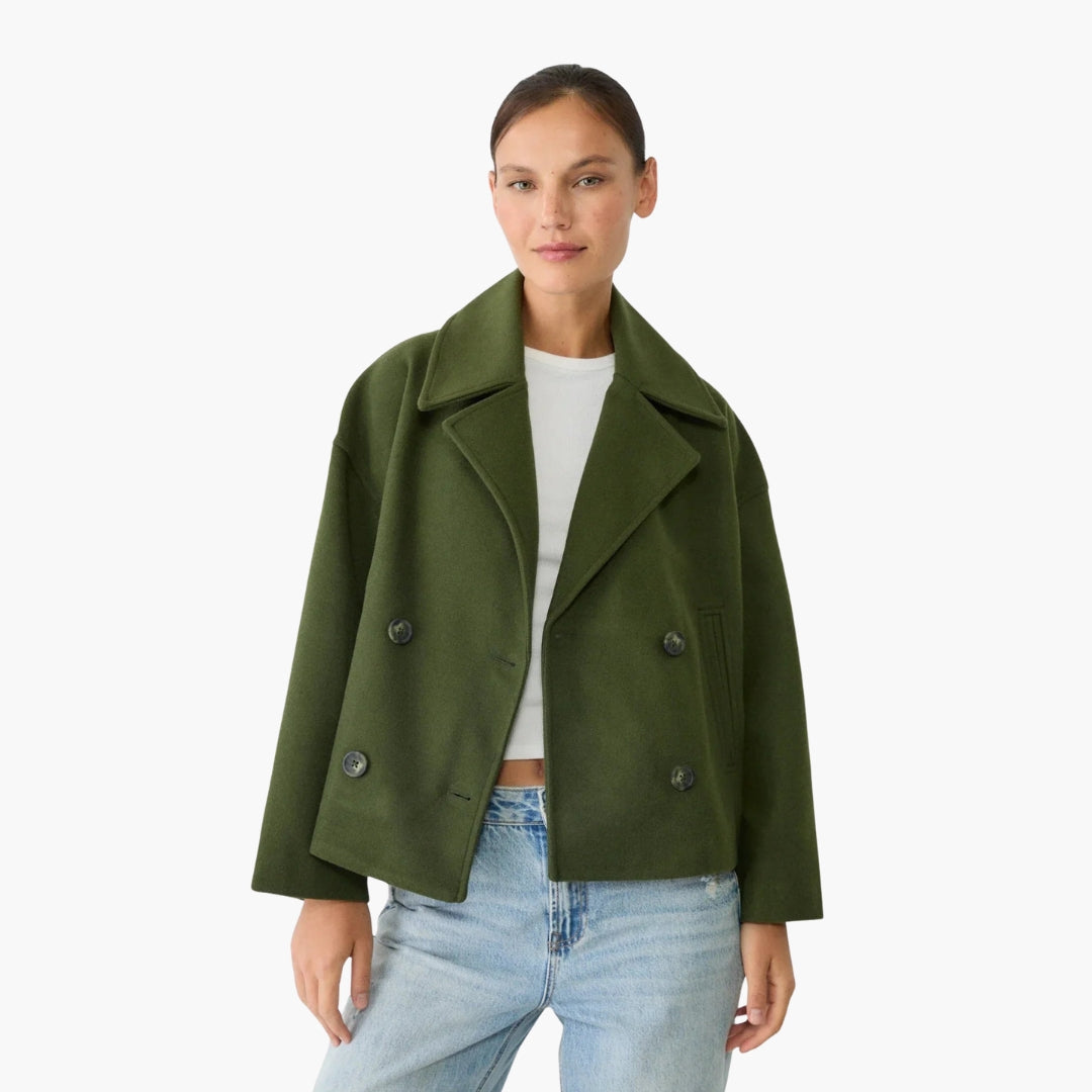 Women's short jacket notched collar two-button closure sleek everyday layering versatile style