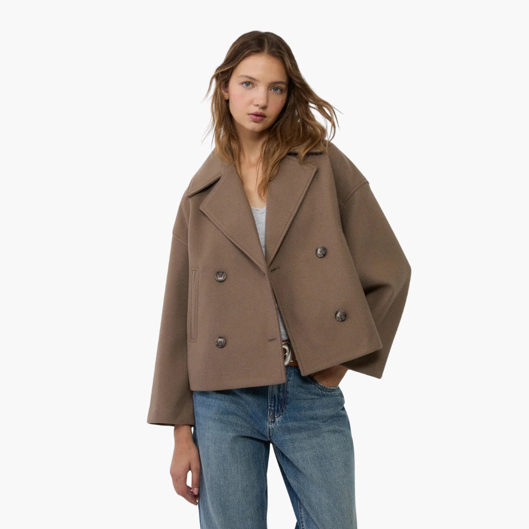 Women's short jacket notched collar two-button closure sleek everyday layering style