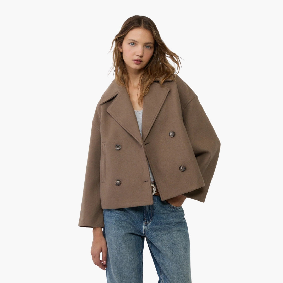 Women's double-breasted short jacket, notched collar, welt pockets, structured tailored silhouette