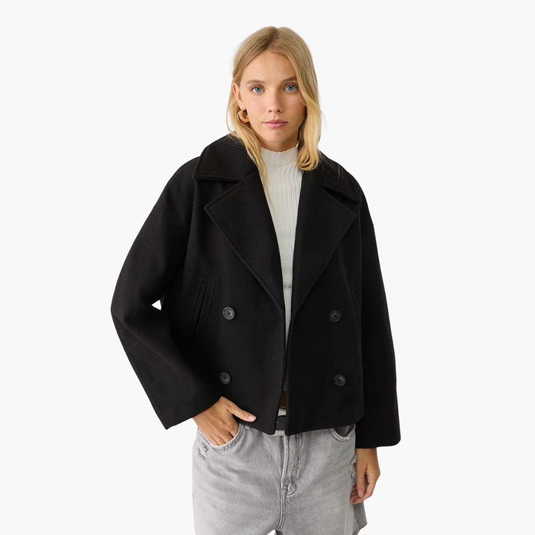 Women's double-breasted short jacket, notched collar, welt pockets, tailored office-to-evening silhouette