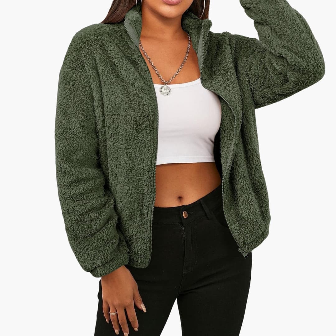 Women's short plush jacket in cozy texture, stand-up collar, full-zip front, side pockets for winter