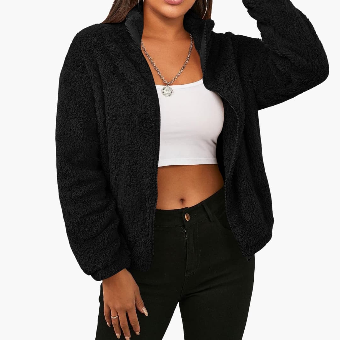 Women's short plush jacket in cozy textured fabric with stand-up collar, full zip front, and side pockets