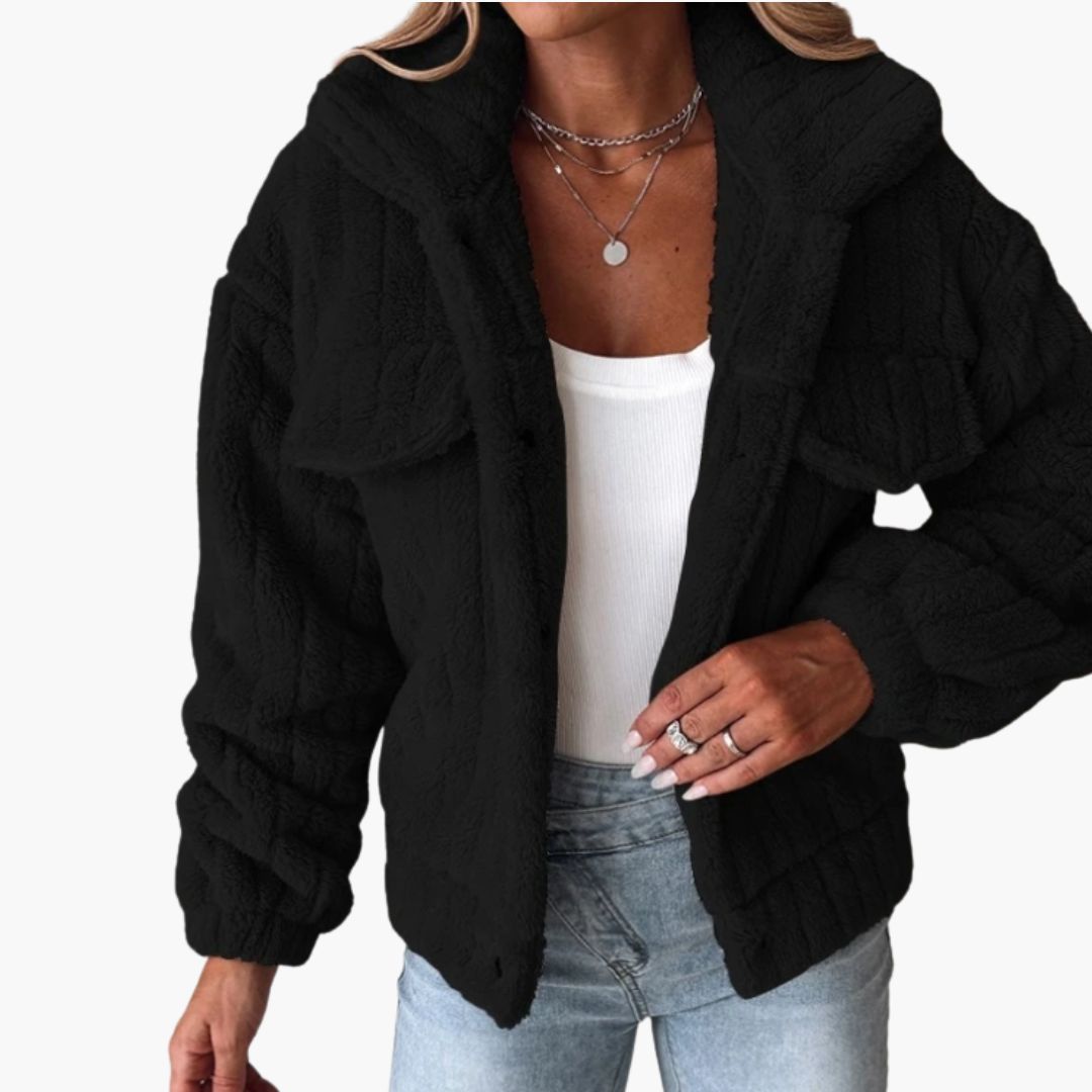 Women's short plush jacket with front button closure, chest pockets, wide collar, cozy chic outerwear