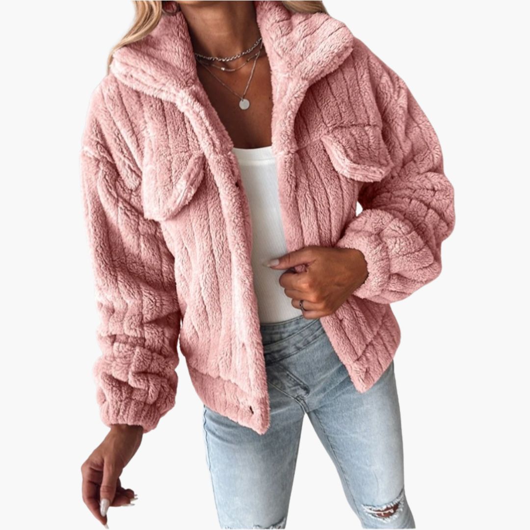 Women's short plush jacket with front button closure, chest pockets, wide collar, cozy chic style