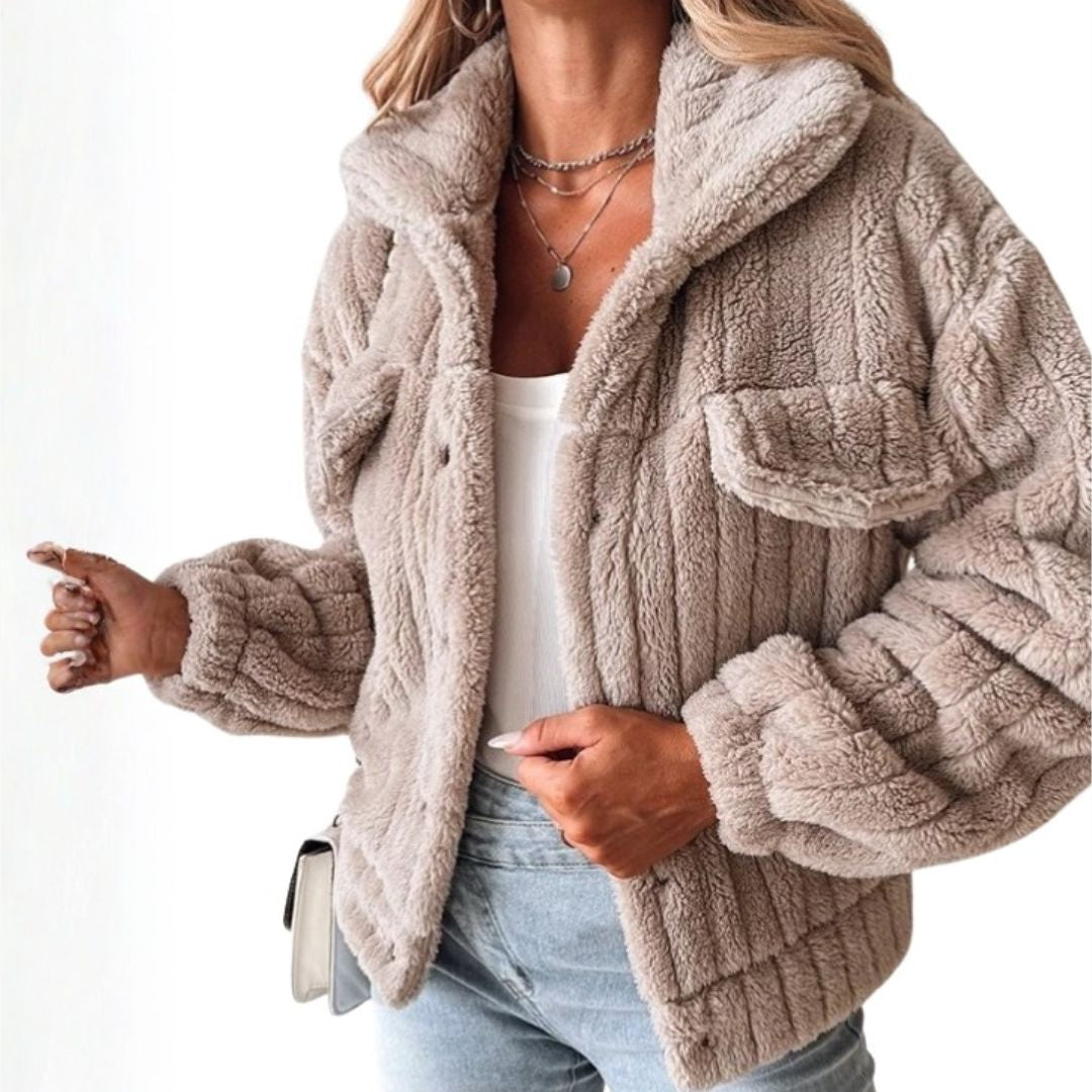 Women's short plush jacket with front button closure, chest pockets, wide collar, cozy chic warm outerwear