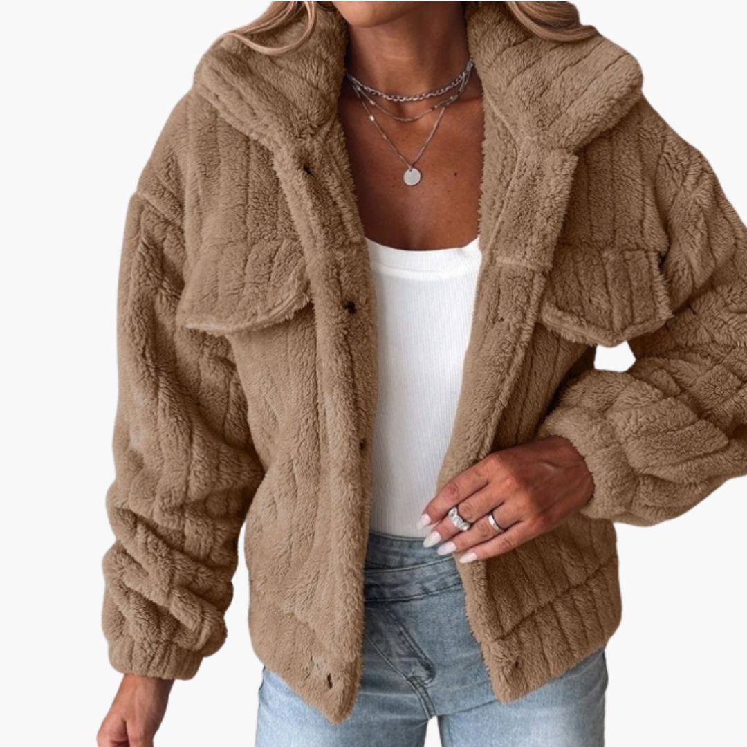 Women's short plush jacket with front button closure, chest pockets, wide collar, cozy chic style