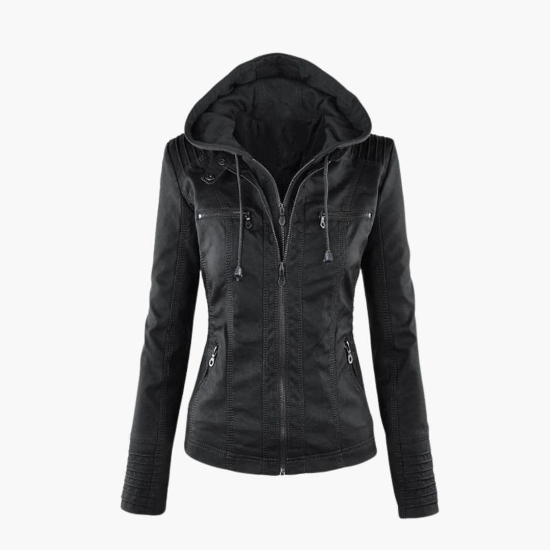 Women's structured hoodie jacket with front pockets, full-length zipper, fixed hood, casual everyday style