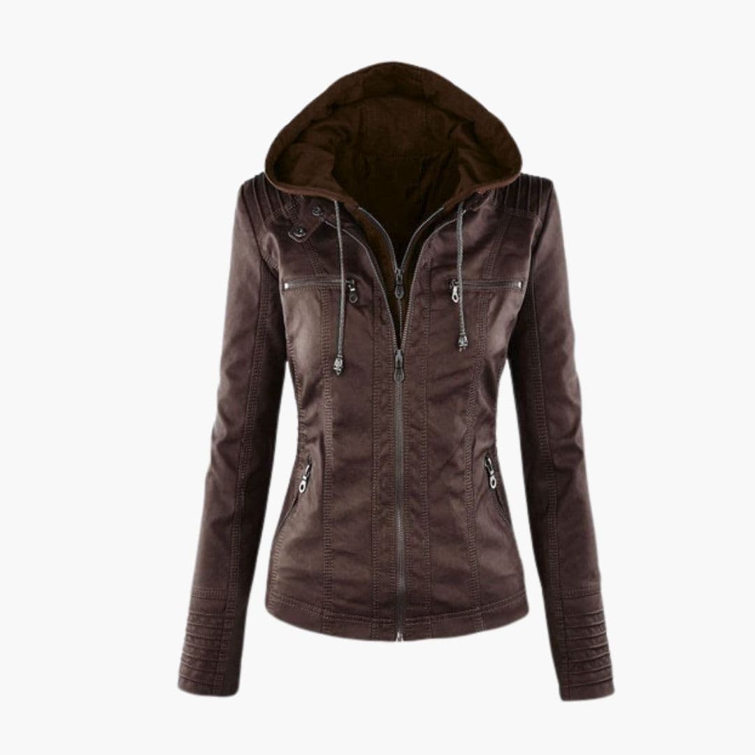 Women's structured hoodie jacket with front pockets, full-zip closure, and fixed drawstring hood