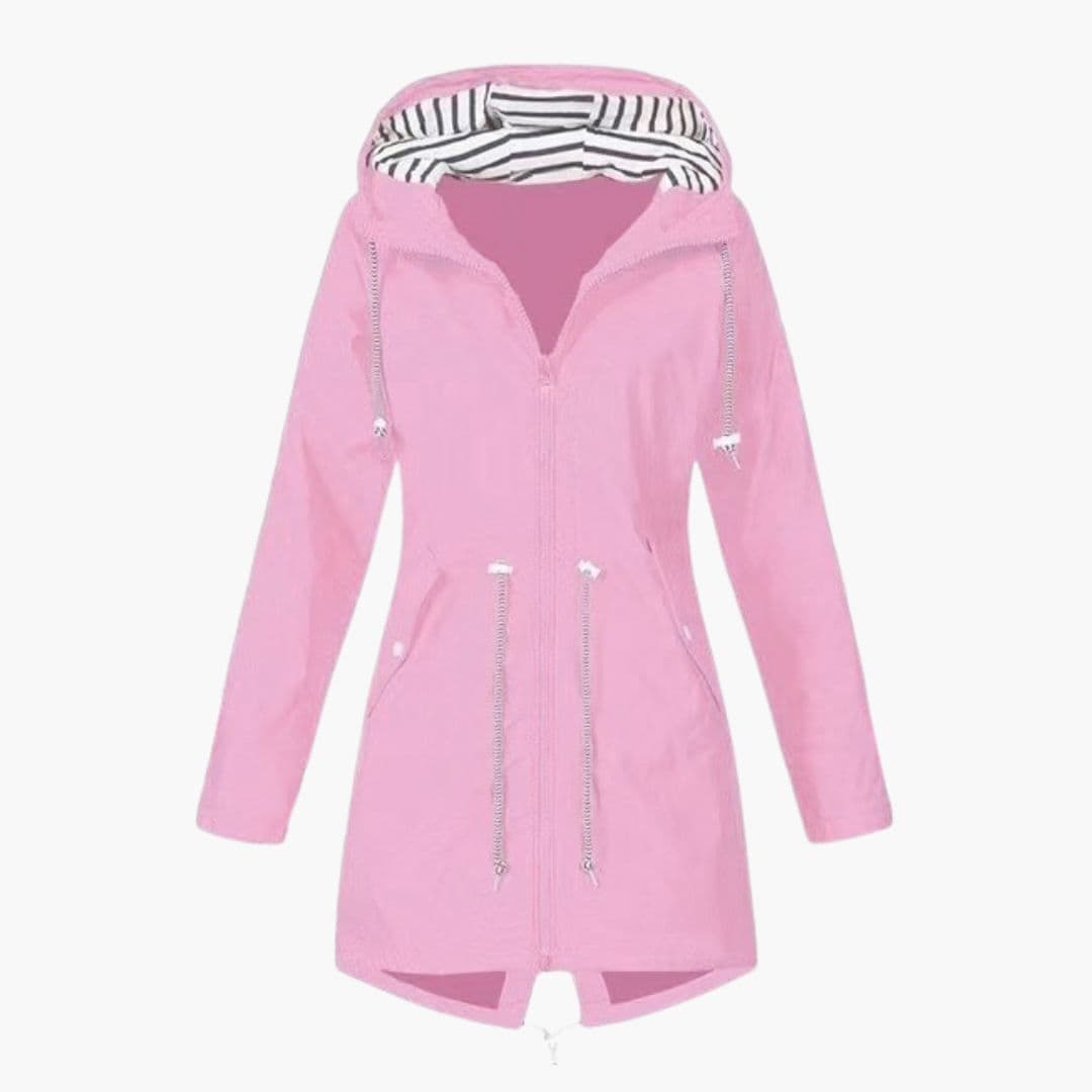 Women's hooded rain jacket adjustable waist drawstring hood striped lining full-zip waterproof