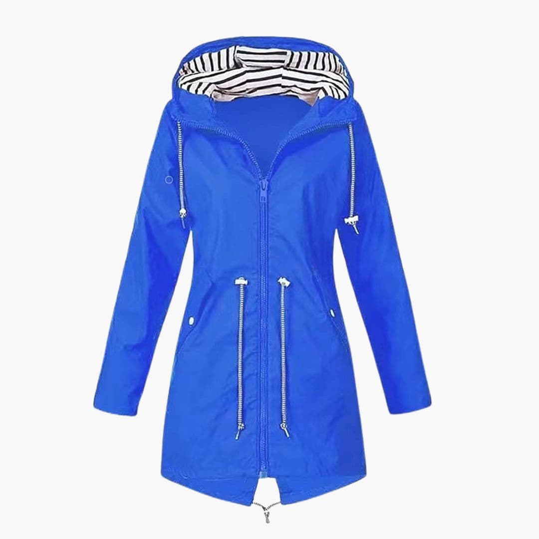 Women's hooded rain jacket adjustable waist drawstring hood striped lining full-zip waterproof