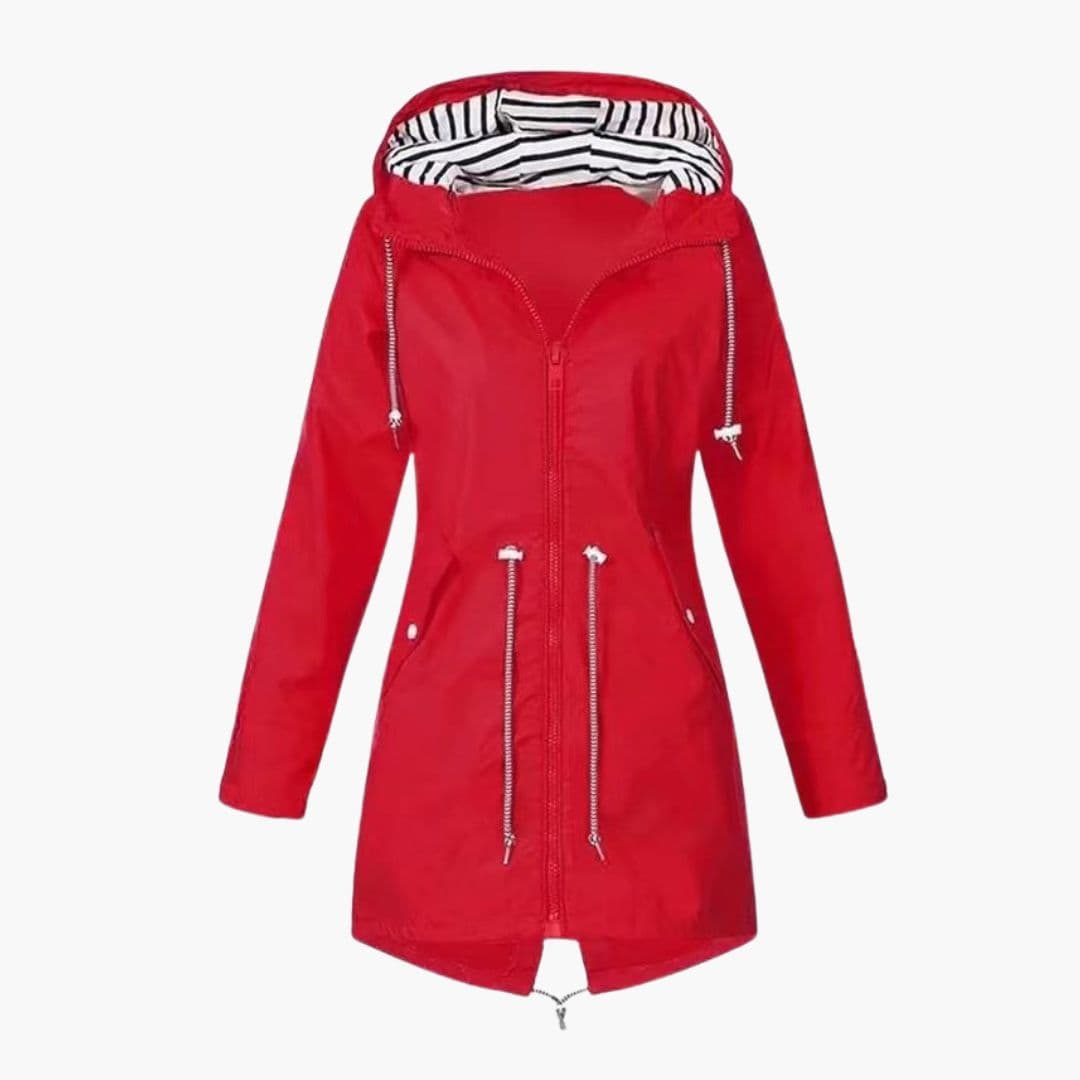 Women's hooded rain jacket adjustable waist drawstring hood striped lining lightweight waterproof