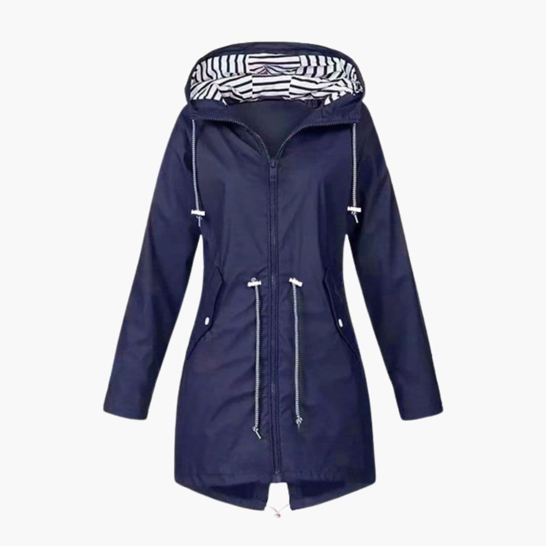 Women's hooded rain jacket adjustable waist drawstring hood striped lining waterproof full-zip