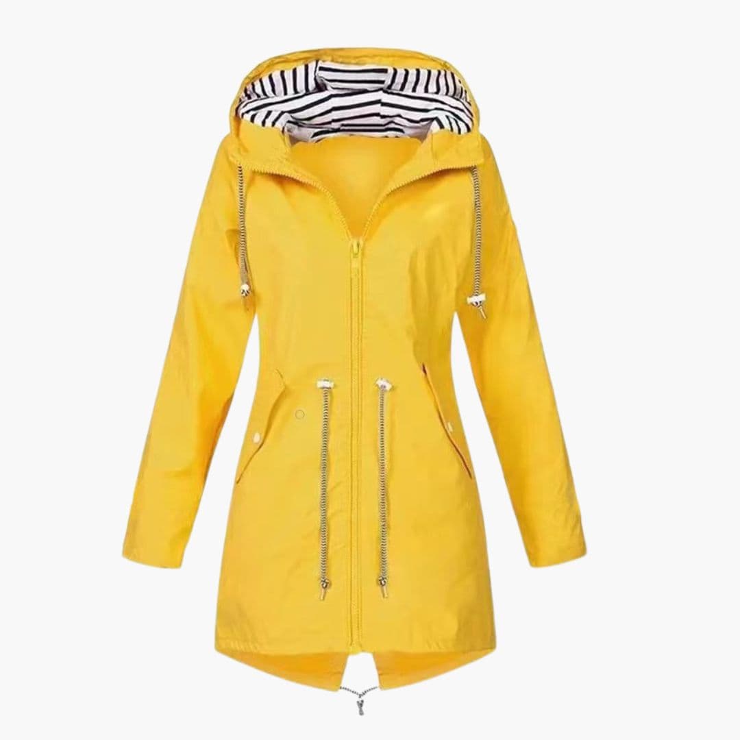 Women's hooded rain jacket adjustable waist drawstring hood striped lining full-zip waterproof