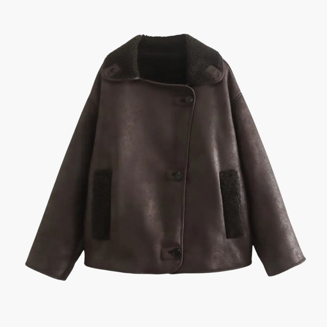 Women's brown lapel collar jacket with faux sheepskin lining and front button closure for cozy warmth