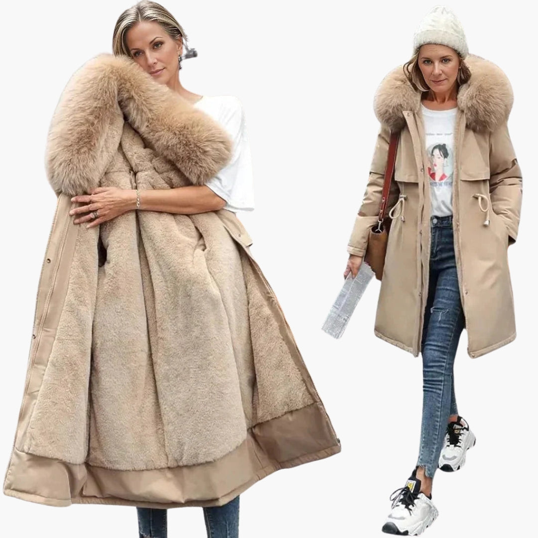 Women's knee-length winter jacket in neutral tone with faux fur collar and adjustable waist