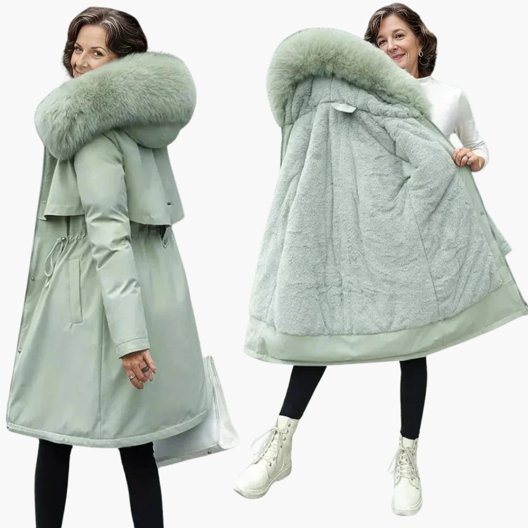 Women's knee-length winter jacket with faux fur collar, adjustable waist, cozy cold-weather style
