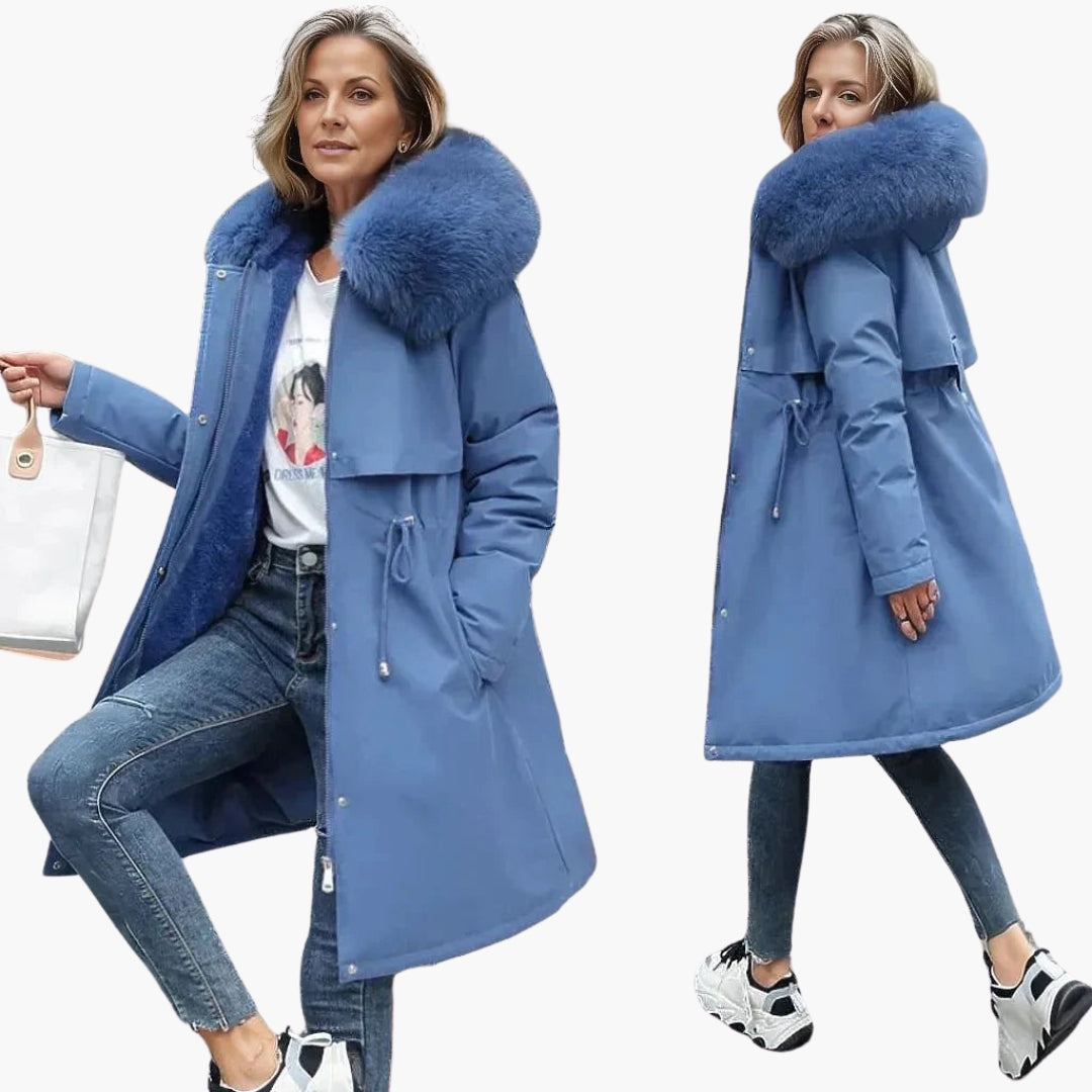 Women's knee-length winter jacket in neutral tone with faux fur collar and adjustable waist