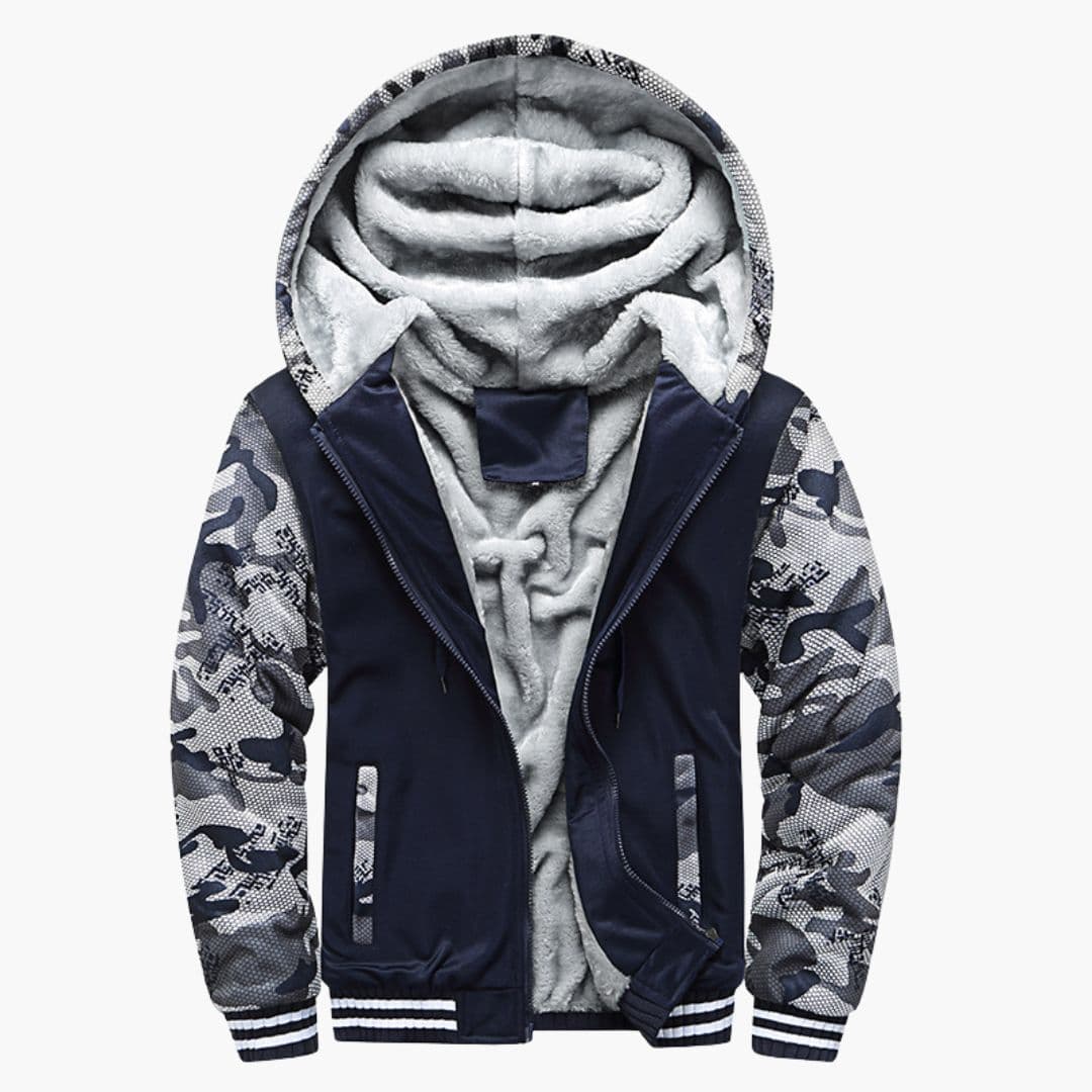Men's fleece-lined hoodie jacket with camouflage sleeves, zip front, and two side pockets