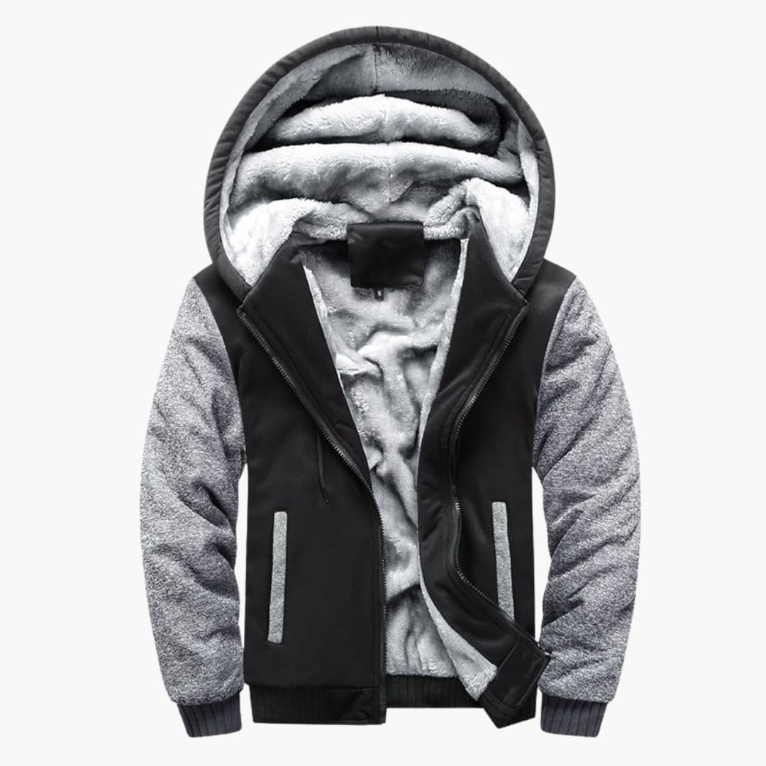 Men's fleece-lined hoodie jacket with camouflage sleeves, zip front closure, and two side pockets
