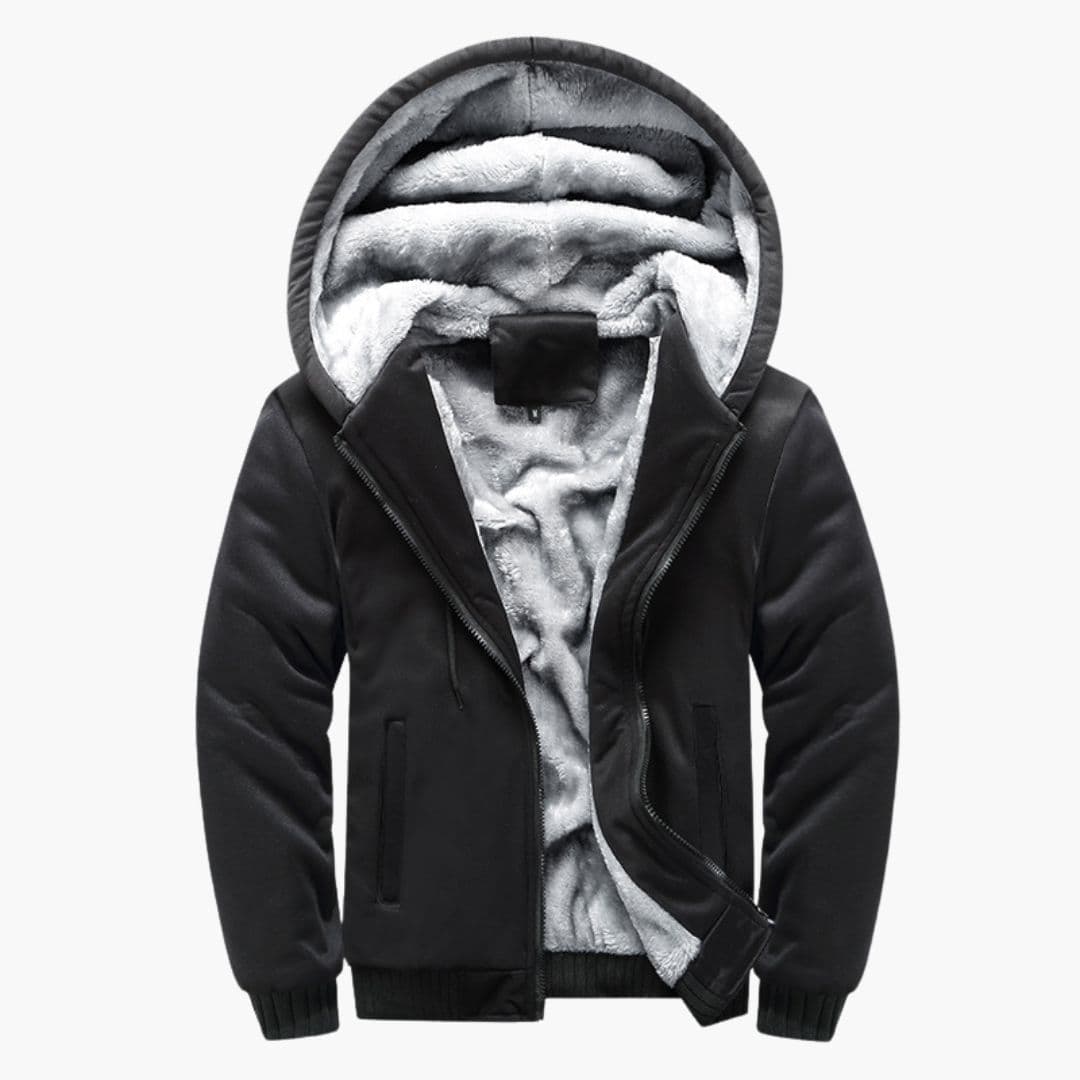 Men's fleece-lined hoodie jacket with camouflage sleeves, zip front closure, and two side pockets
