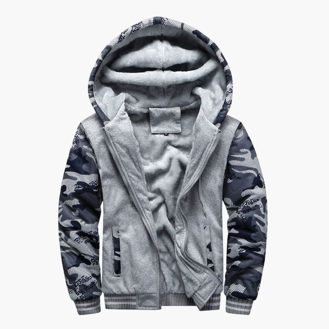 Men's fleece-lined hoodie jacket with camouflage sleeves, zip front, and two side pockets for outdoor wear