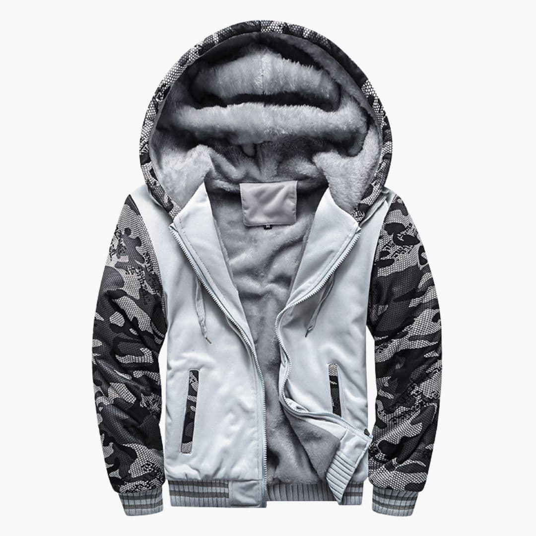 Men's fleece-lined hoodie jacket with camouflage sleeves, zip front, and two side pockets