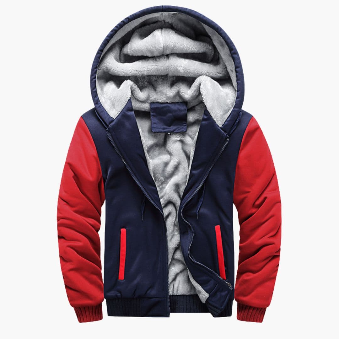 Men's fleece-lined hoodie jacket with camouflage sleeves, zip front closure, and two side pockets