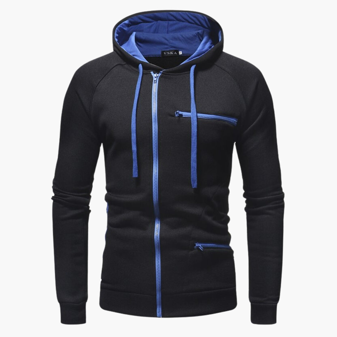 Men's hooded jacket navy blue relaxed fit full-zip chest pocket adjustable drawstring hood layering