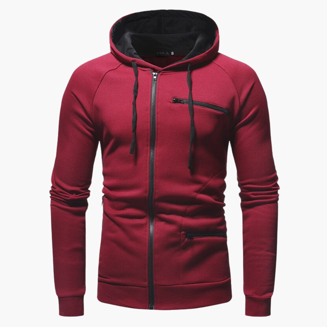 Men's hooded jacket with zippered chest pockets, adjustable drawstring hood, clean slim silhouette