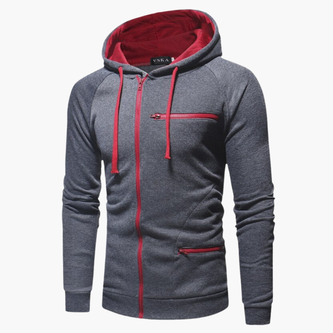 Men's hooded jacket navy blue relaxed fit full-zip chest pocket adjustable drawstring hood layering