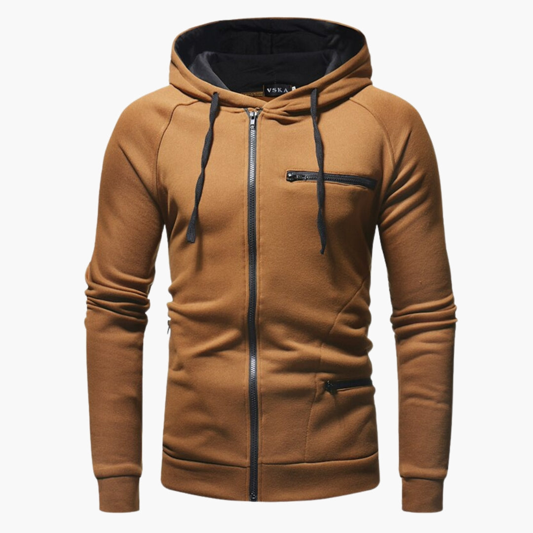 Men's hooded jacket with zippered chest pocket, front pockets, drawstring hood, clean slim silhouette
