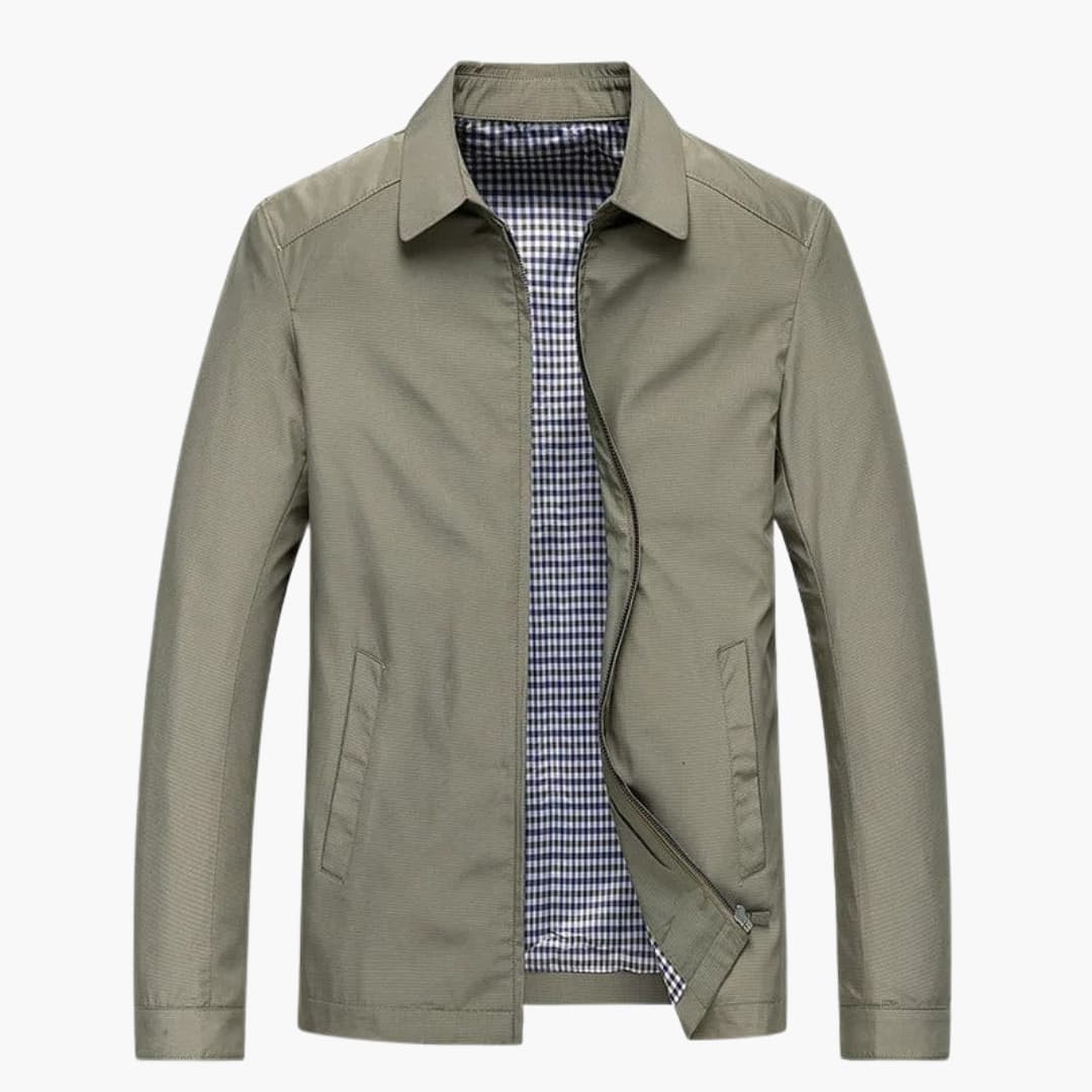Men's jacket with structured shirt collar, hidden front zipper, and checkered lining for a modern fit