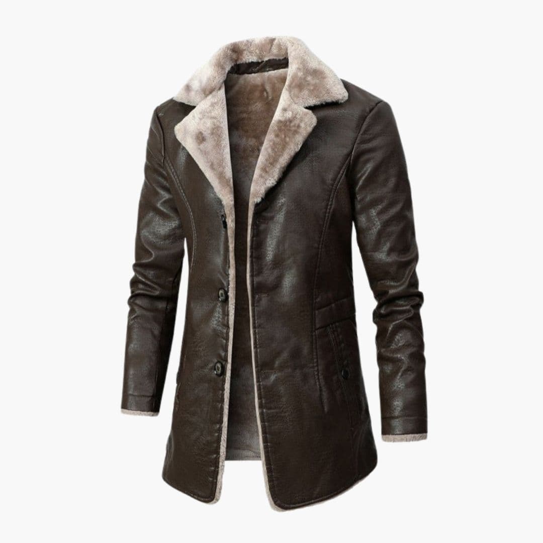 Men's faux fur lined notched collar jacket button closure structured fit dark casual winter coat