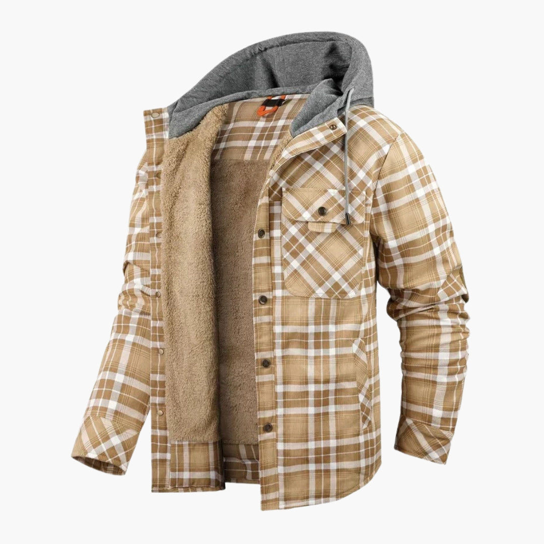 Men's plaid flannel hooded jacket with fleece lining and snap button closure in shirt-style cut