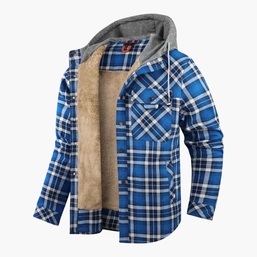 Men's plaid flannel hooded jacket fleece-lined snap button closure cozy layering piece