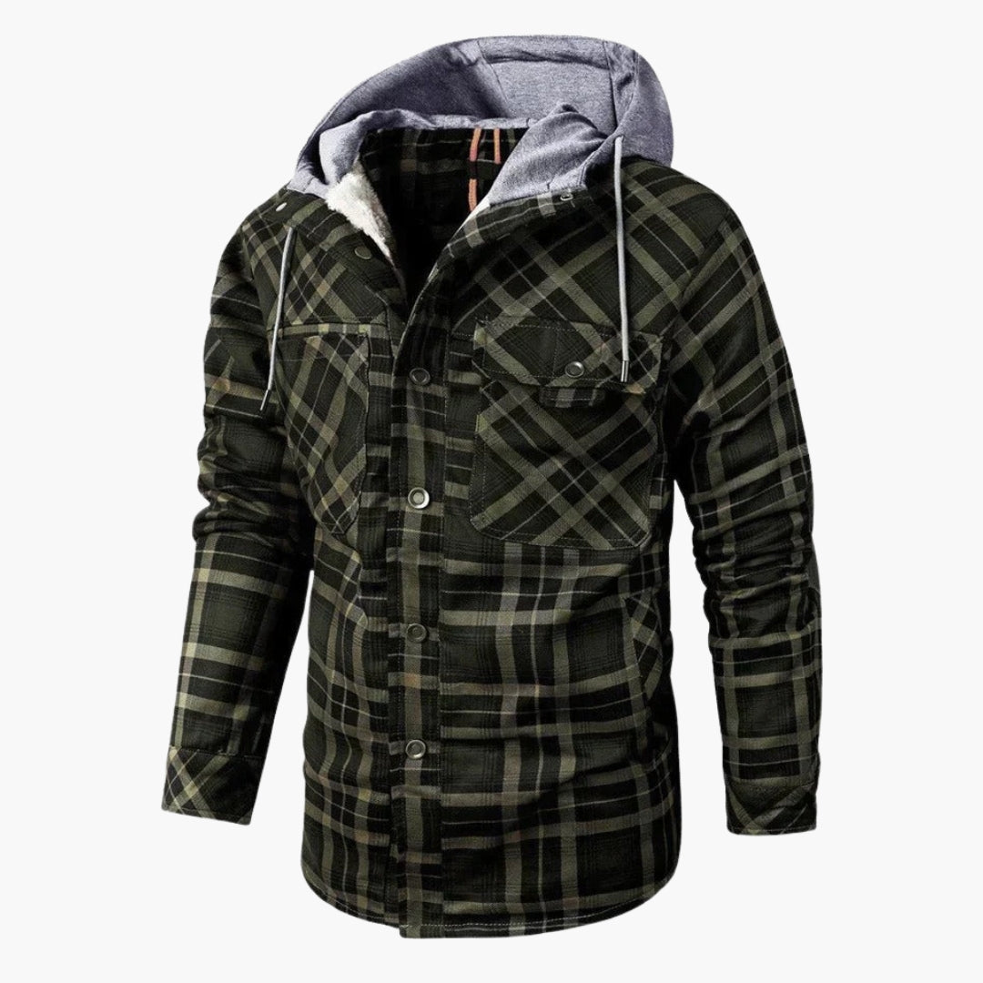 Men's plaid flannel hooded jacket fleece-lined snap button closure cozy autumn layering piece