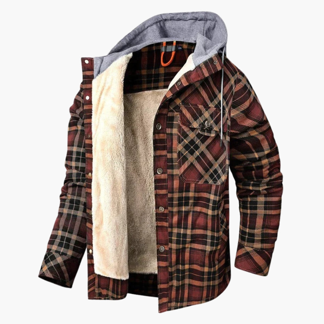 Men's plaid flannel hooded jacket with fleece lining and snap button closure for cozy autumn style
