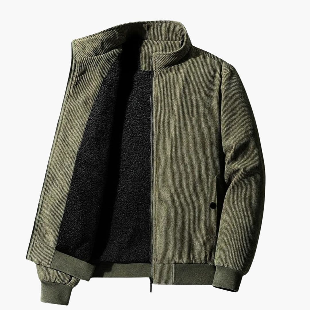 Men's corduroy jacket fleece-lined stand-up collar zip closure two side pockets cold weather style