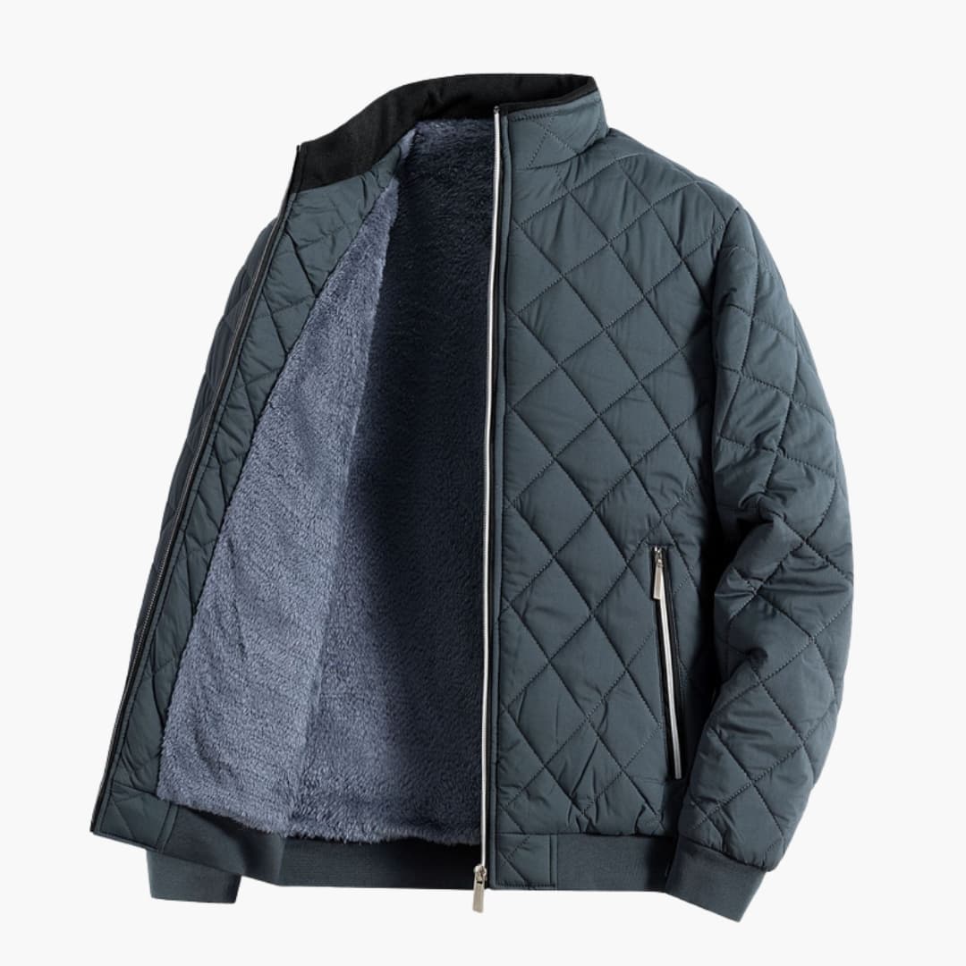 Men's navy quilted jacket stand-up collar front zipper diamond pattern warm all-season coat