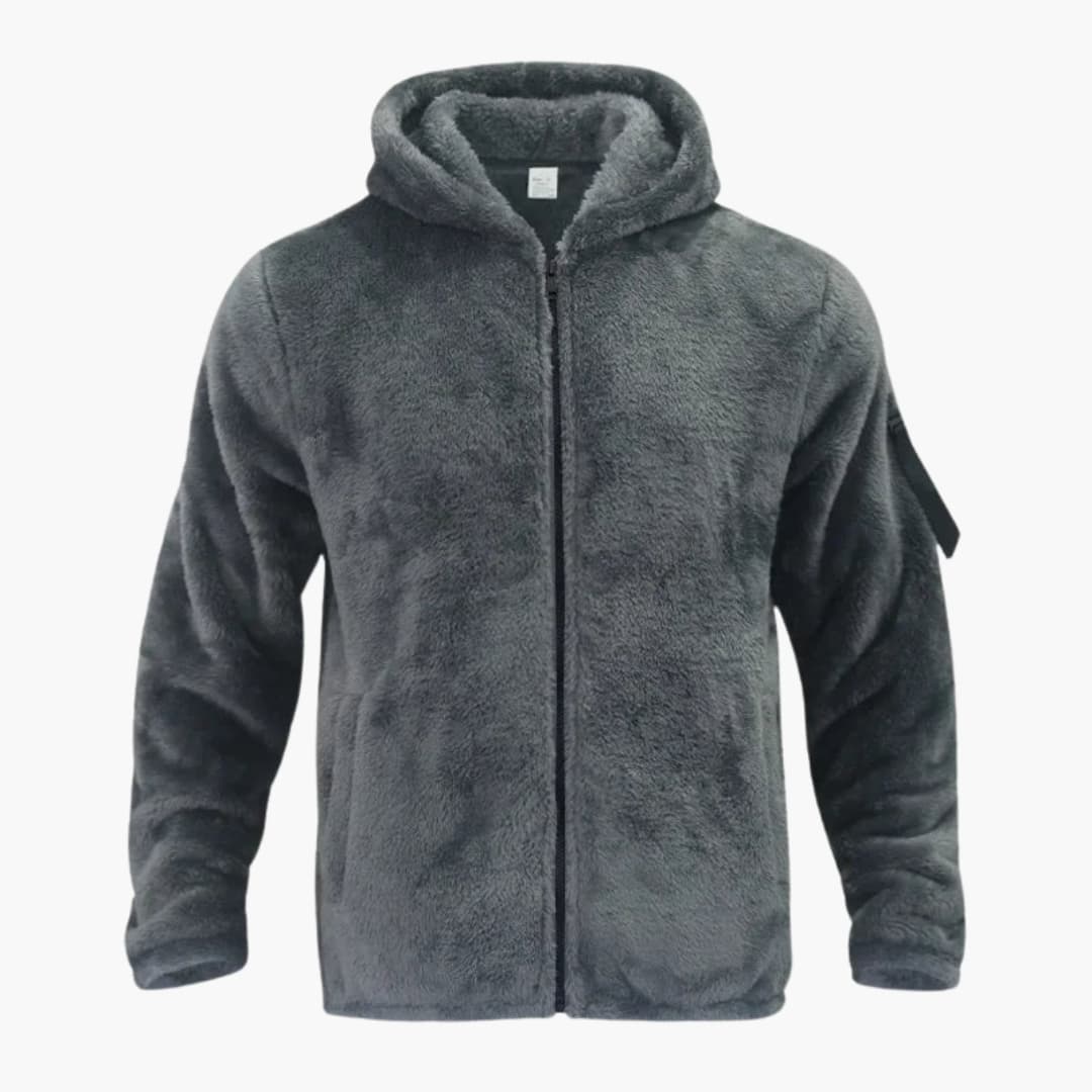 Men's black quilted jacket with knit sleeves, stand-up collar, full-zip, texture contrast design
